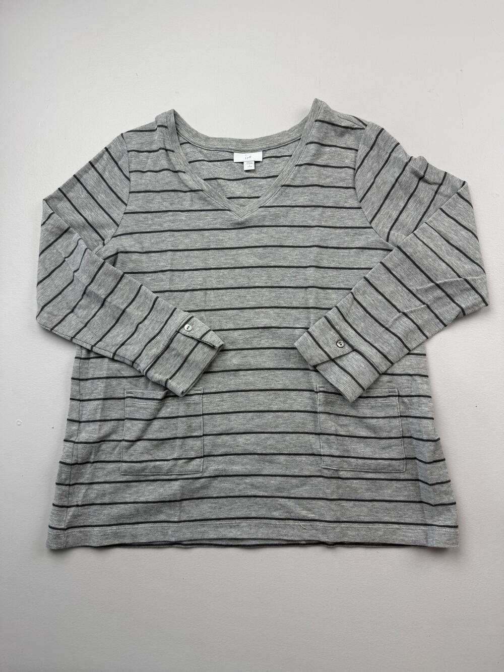 J. Jill Shirt Womens Large Petite Gray Stripe V Neck 3/4 Roll Tab Tunic Top